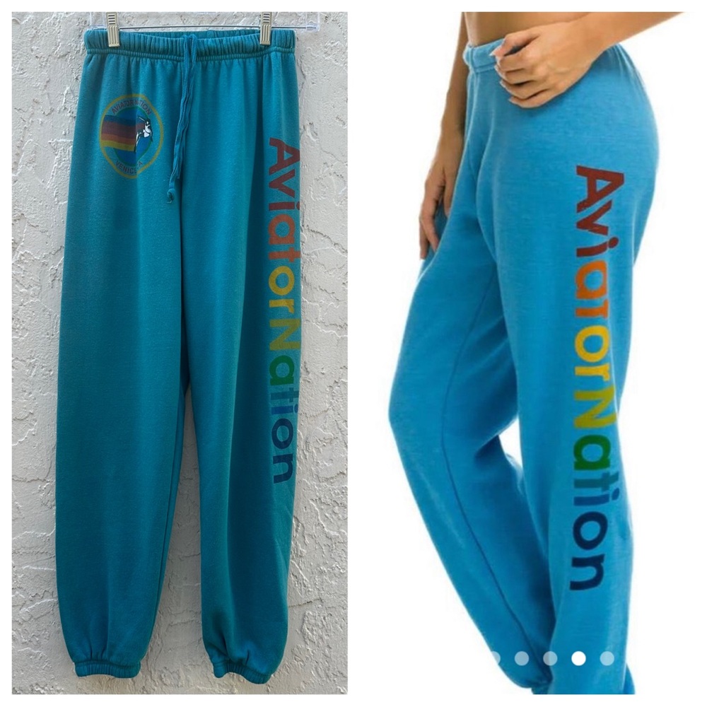 AVIATOR NATION Logo Joggers Women Size Small Venice Surf Stripe Logo Blue